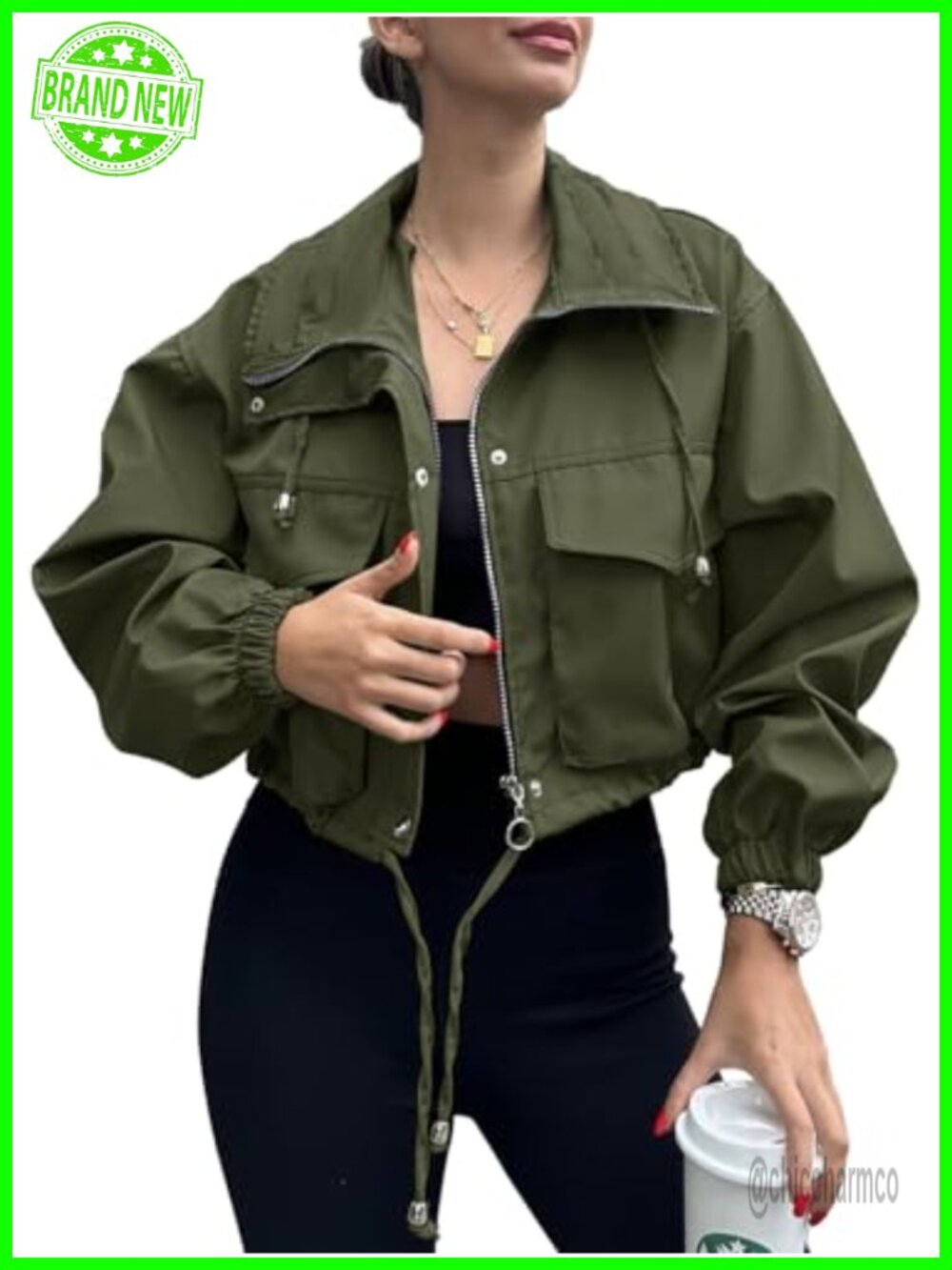 Womens Cropped Jacket Zip Up Lightweight Oversized Utility Anorak